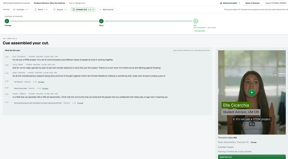 The Edit page with the first cut Cue assembled, the transcript beside the player and the timeline
