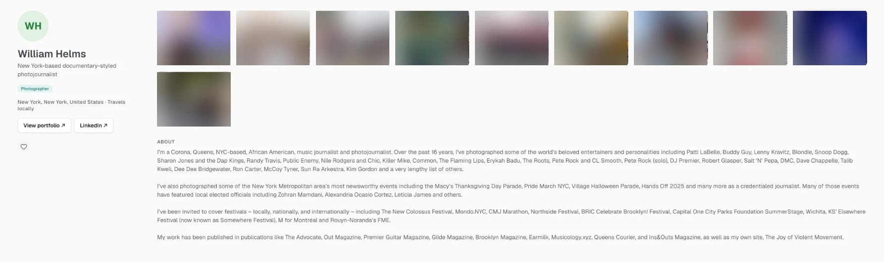 A creative's profile with portfolio photos, location, links and an about section