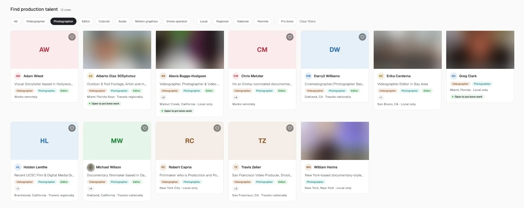 Find production talent: filters for videographer, photographer, editor, colorist, audio, motion graphics and drone operator, plus local, regional, national, remote and pro bono, above a grid of creative profiles